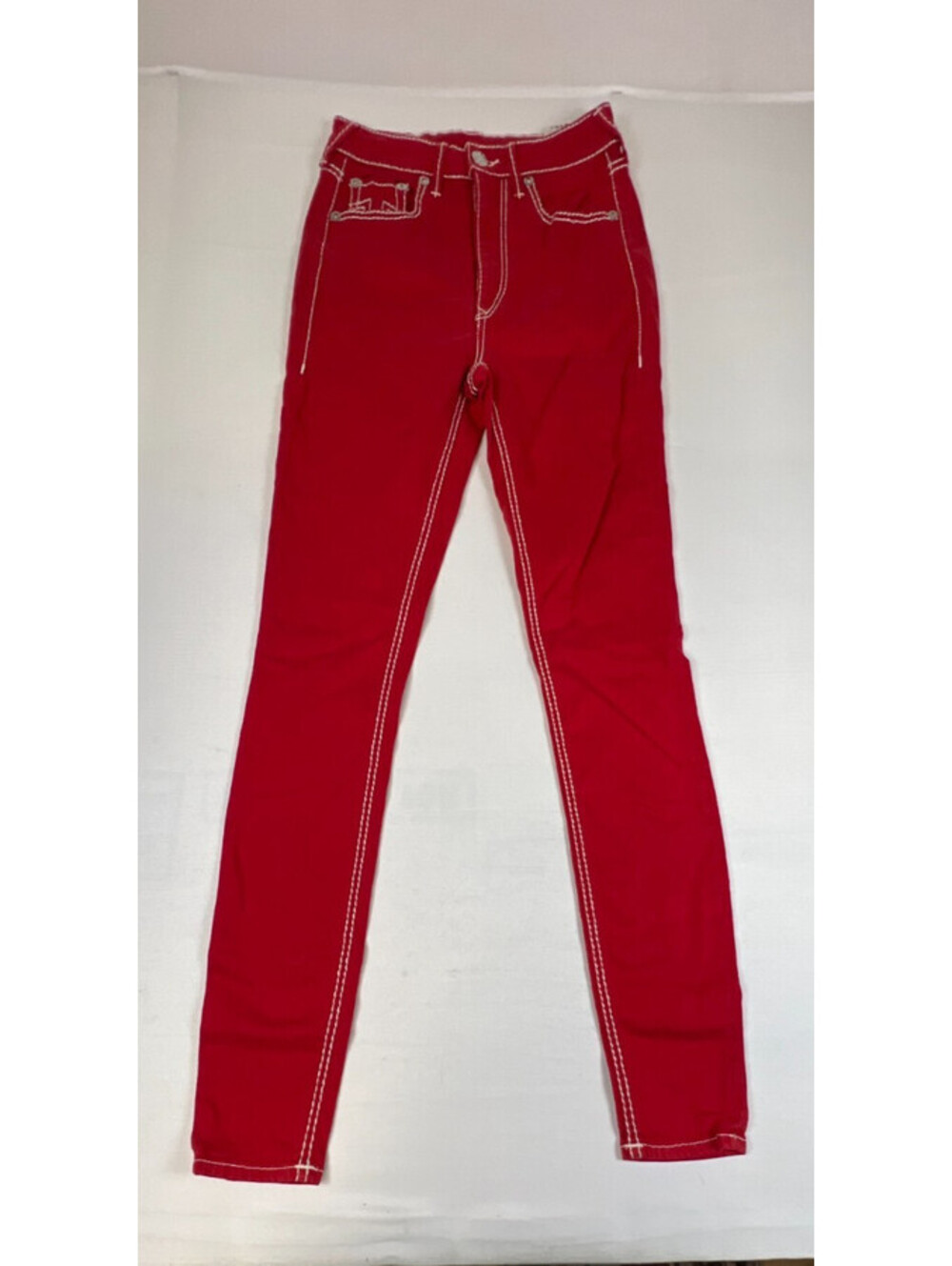 True Religion Women 28 Red Jennie Big T Skinny Jeans Contrast Stitching Denim